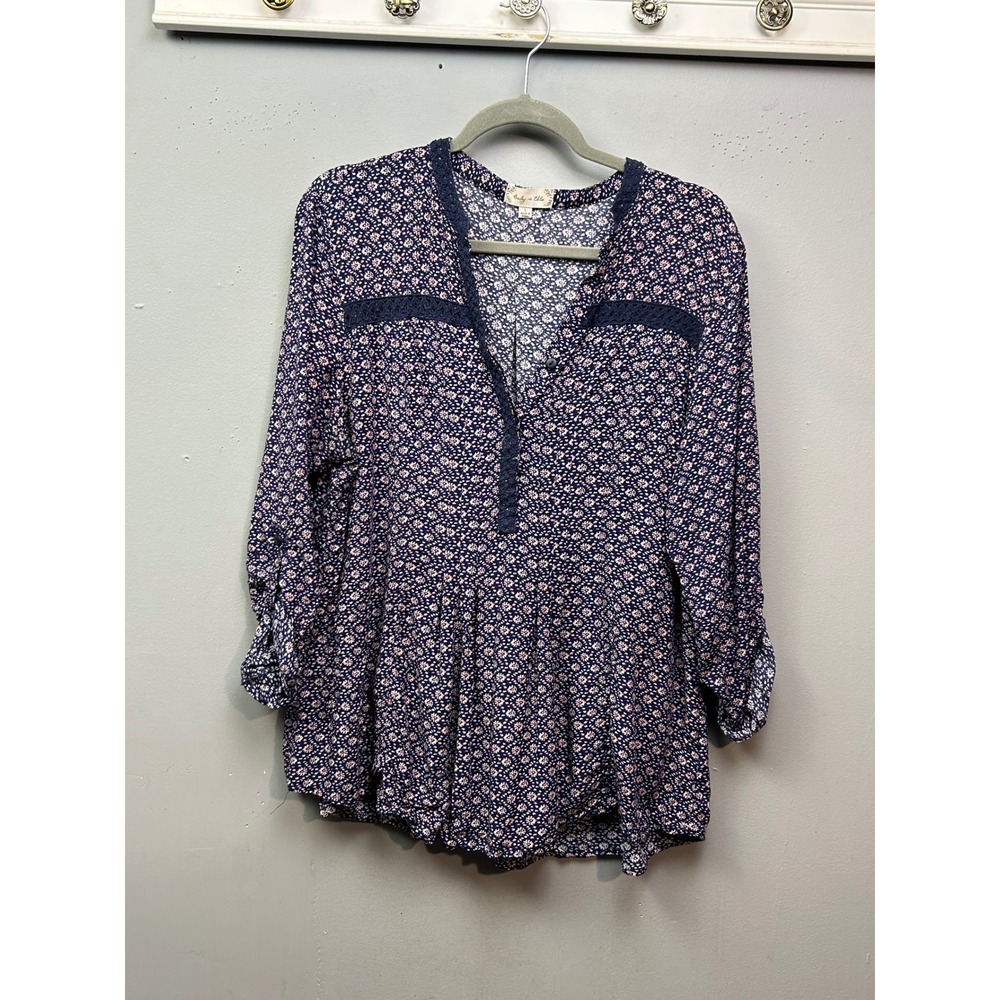 Bailey‎ 44 Navy Pink Floral Print Peplum Blouse Size L Long Sleeve Crochet Lace